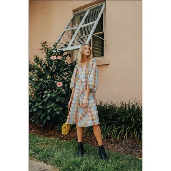 💕GANNI💕 Seersucker Check Dress ~ Midi Tent Plaid Picnic Balloon Sleeve Size 40 - Picture 8 of 16